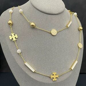 Tory Burch Gold and White Station Long Necklace